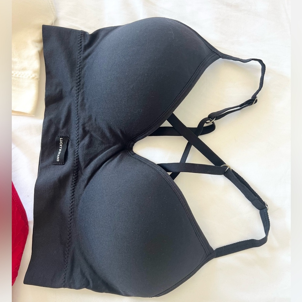 Lucky Brand Wire Free Rib Bra Set of 3- Red, Black, Cream - Picture 4 of 5